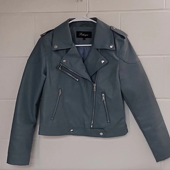 Blue Faux Leather Bomber Moto Jacket Small Silver Hardware - Picture 11 of 11